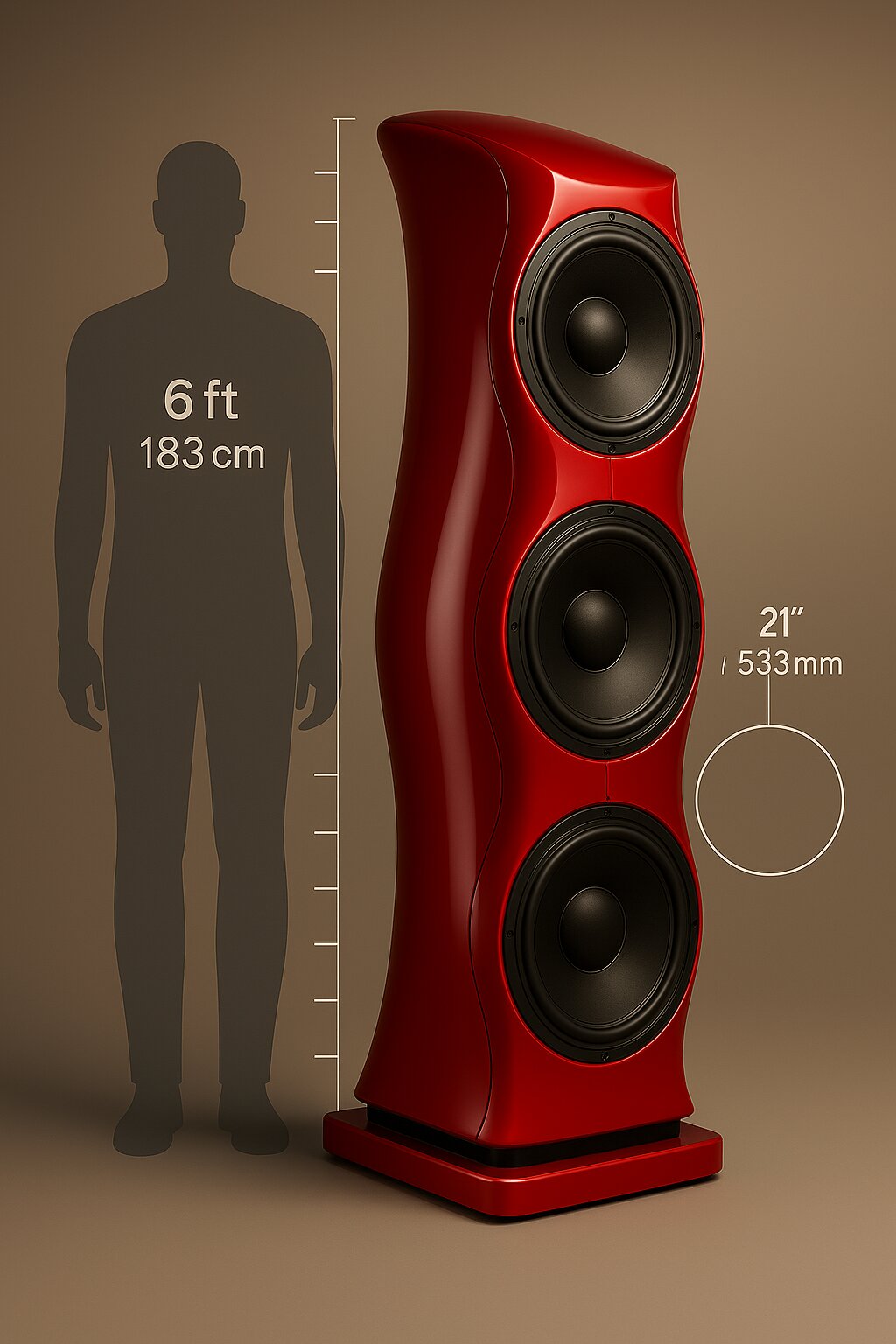 XOP HP1 three-driver 21-inch bass tower, two metres tall, next to a six-foot figure for scale