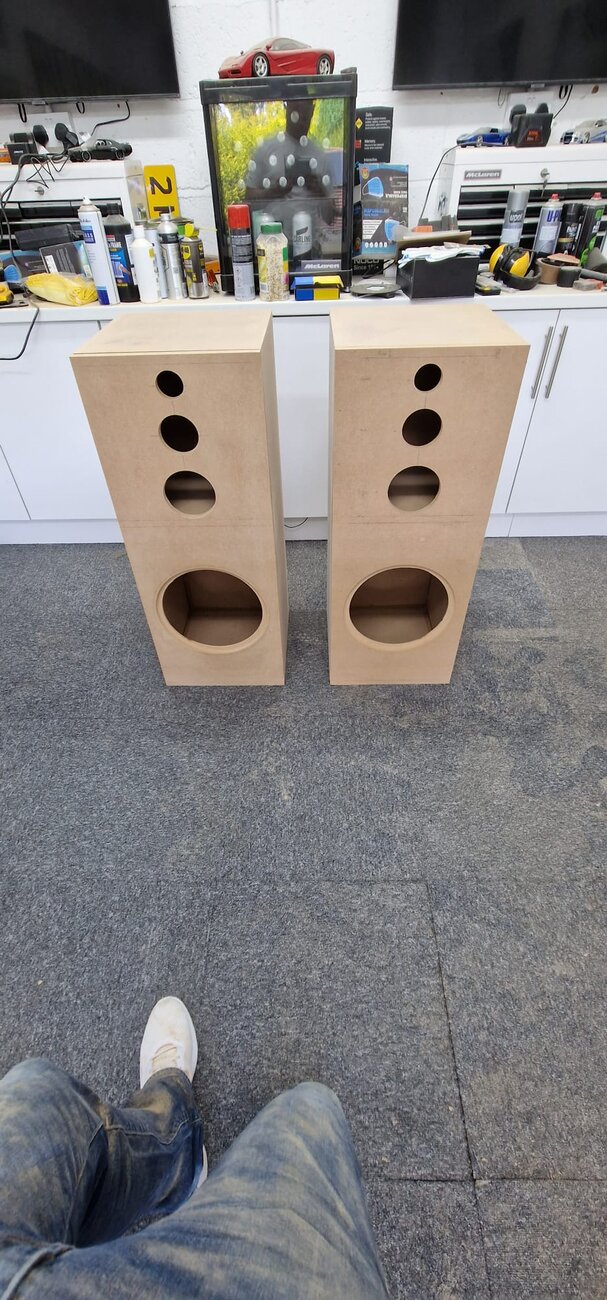 Two hand-built prototype loudspeaker cabinets